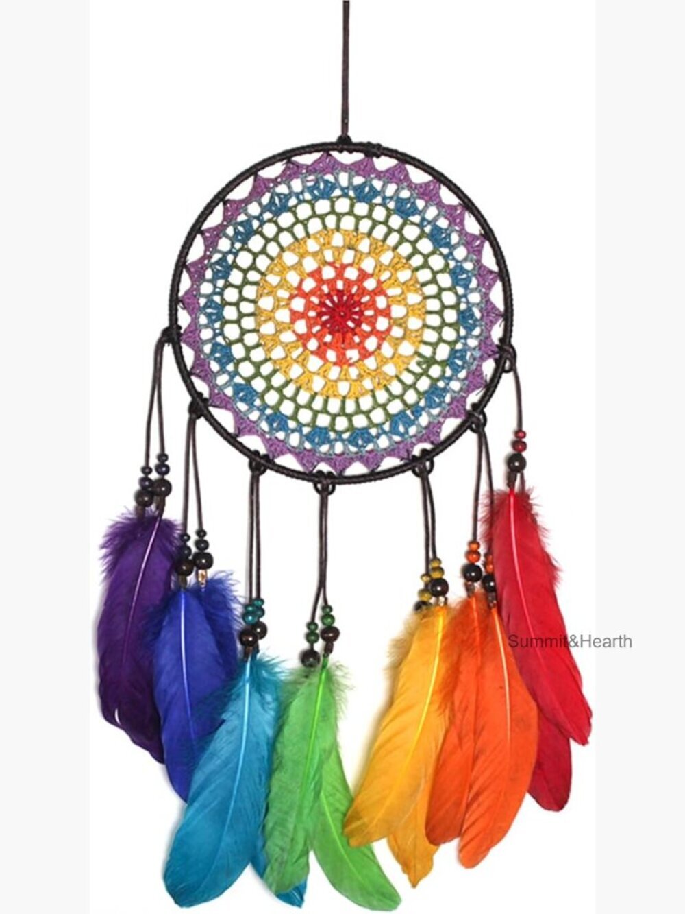 Handwoven Dream Catcher Wall Decor with Feathers and Beads Pendant